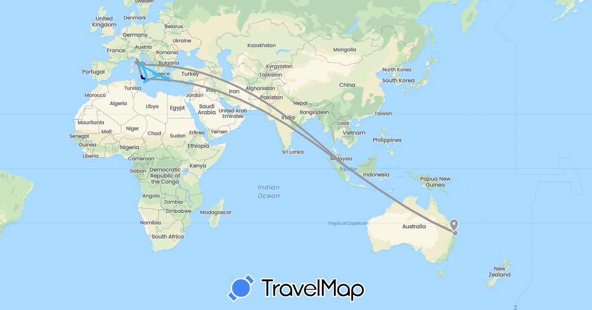TravelMap itinerary: driving, plane, boat in Australia, Greece, Italy, Malta, Singapore (Asia, Europe, Oceania)